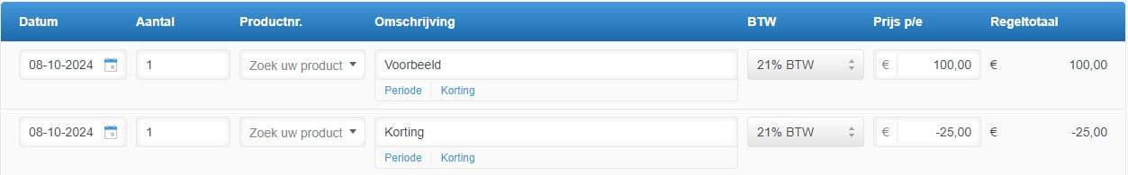 € 25,- korting op een factuurregel