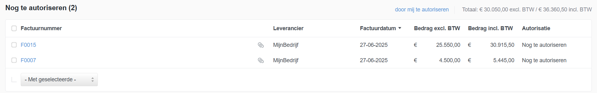 Nog te autoriseren inkoopfacturen