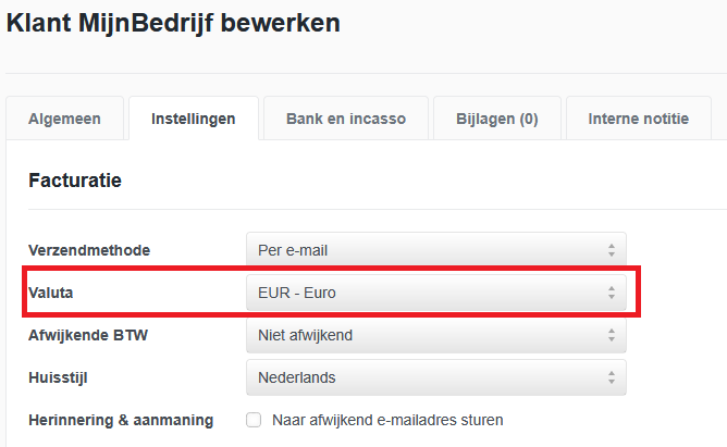 Valuta bij de klant instellen