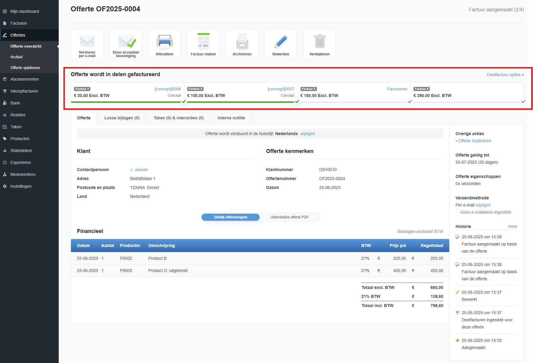 Deelfacturen aangemaakt in concept
