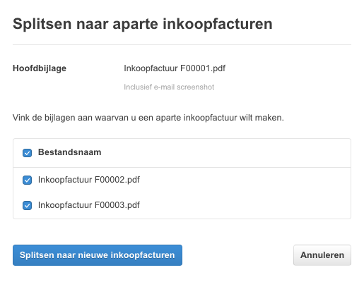 Inkoopfacturen splitsen naar aparte inkoopfacturen