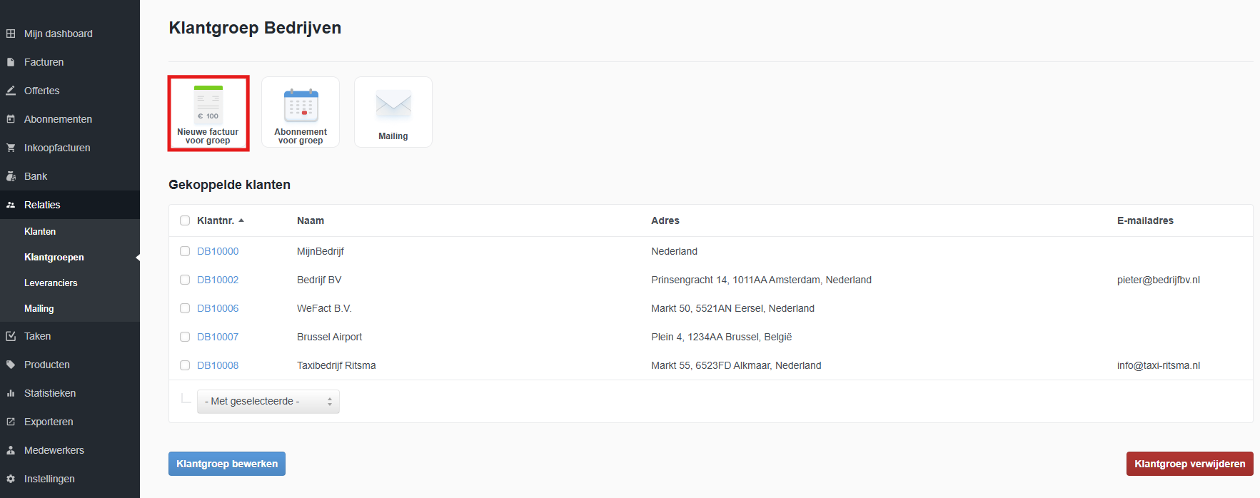 Factuur met één handeling aanmaken voor een groep