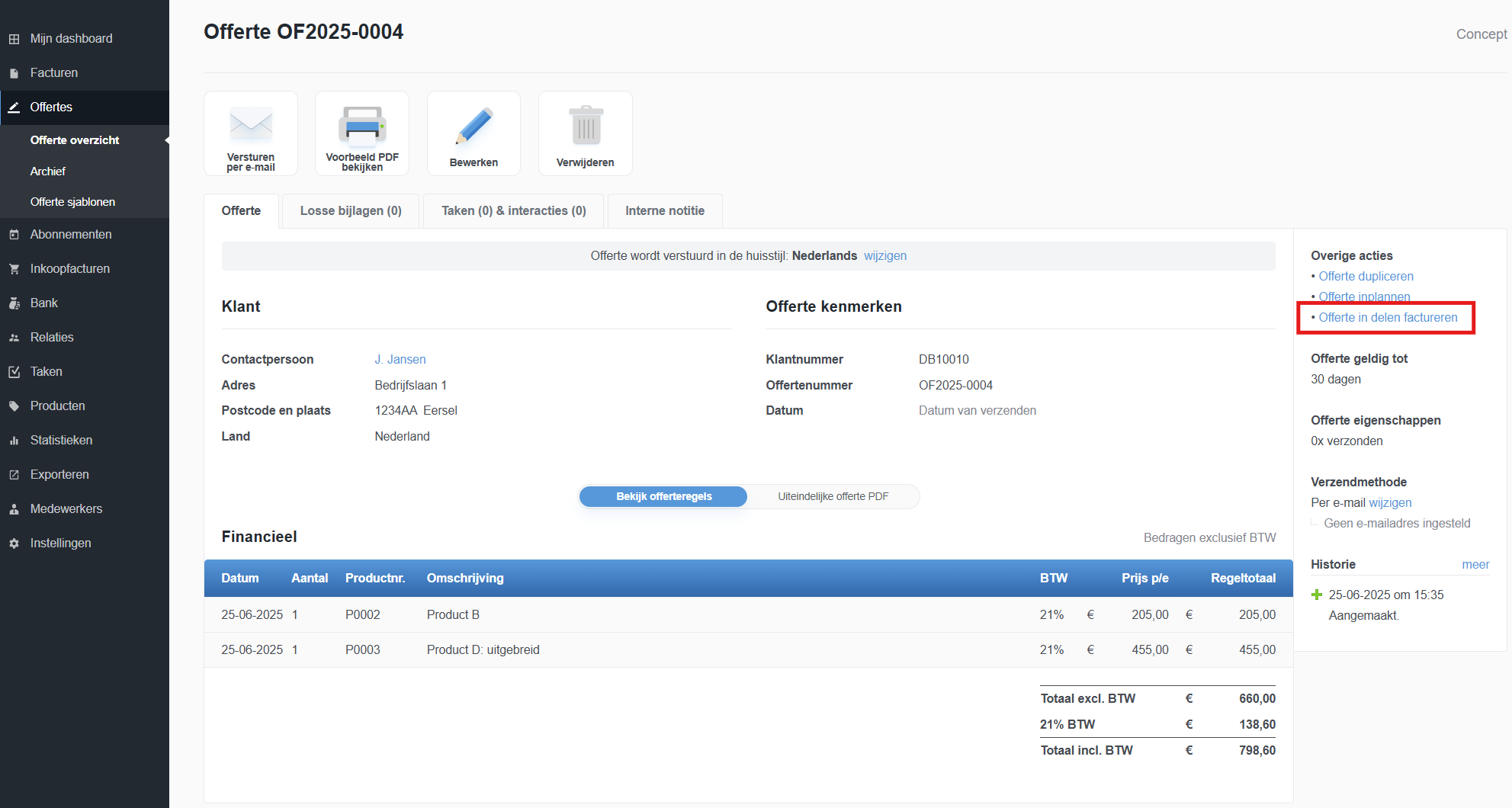 Offerte in delen factureren