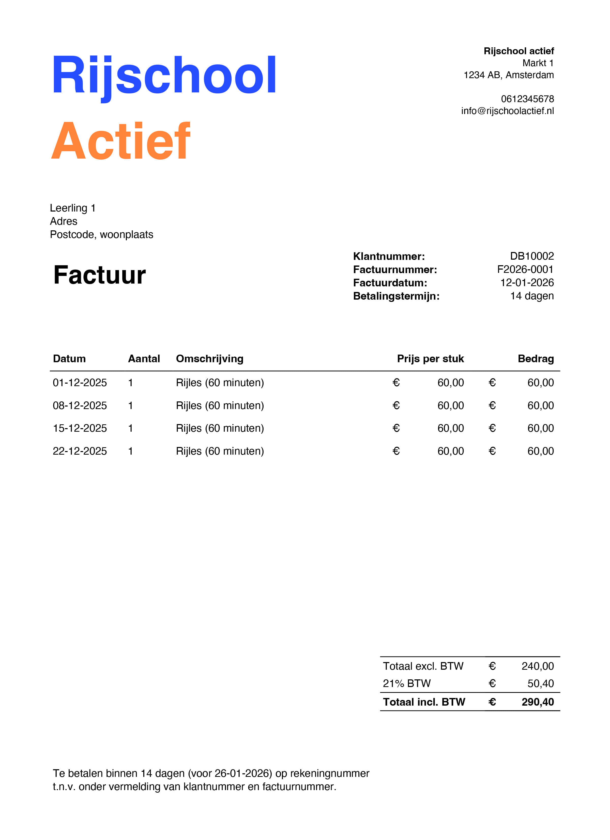 Voorbeeld factuur rijschool