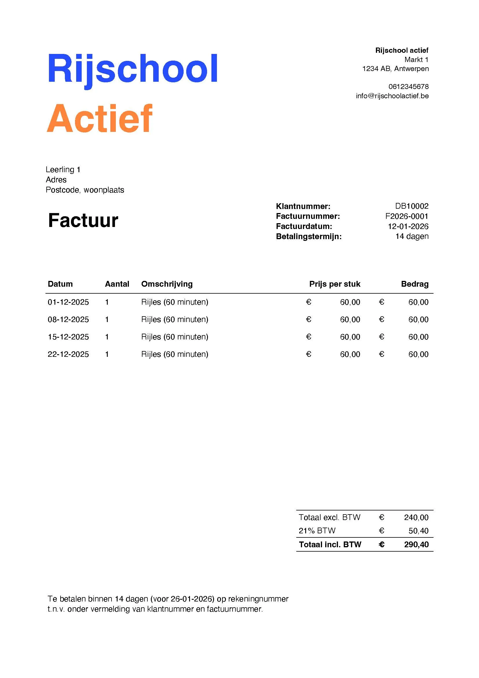 Voorbeeld factuur rijschool
