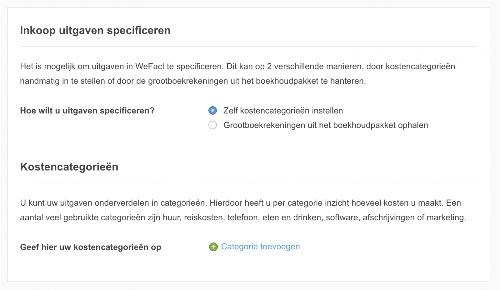 Inkoop uitgaven specificeren, handmatig kostencategorieën instellen