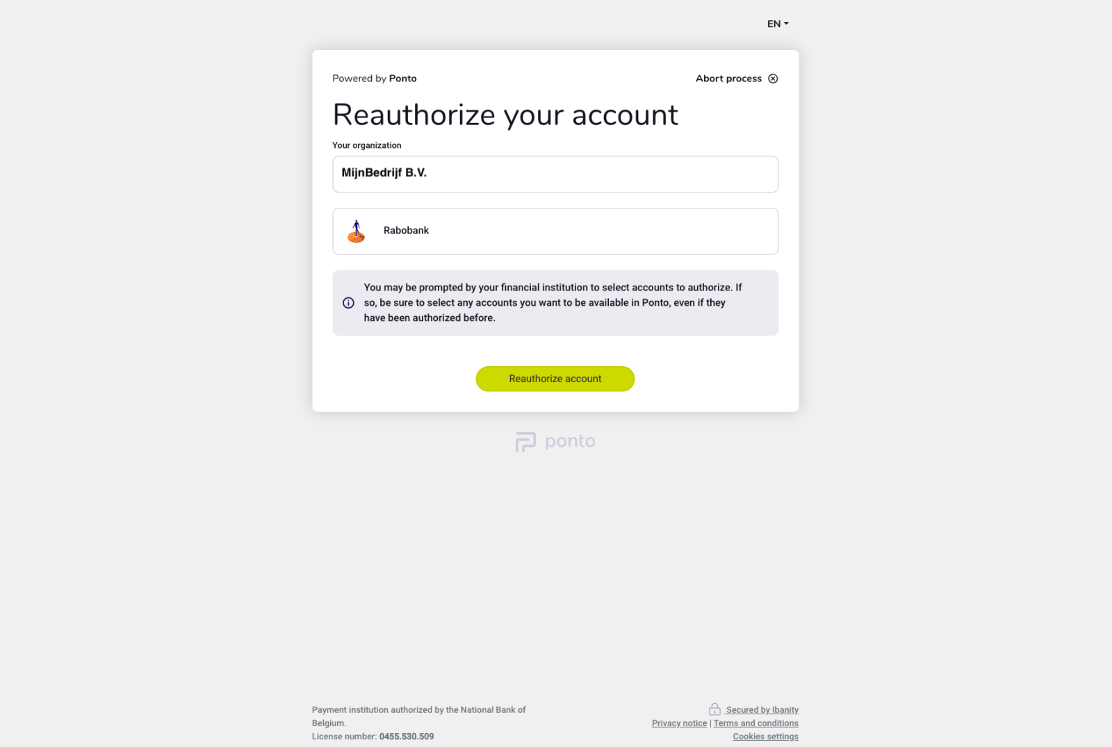 Ponto autorisatie starten