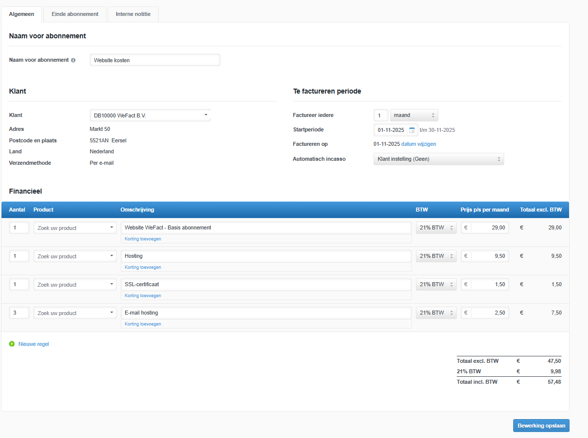 Abonnement met meerdere abonnementsregels