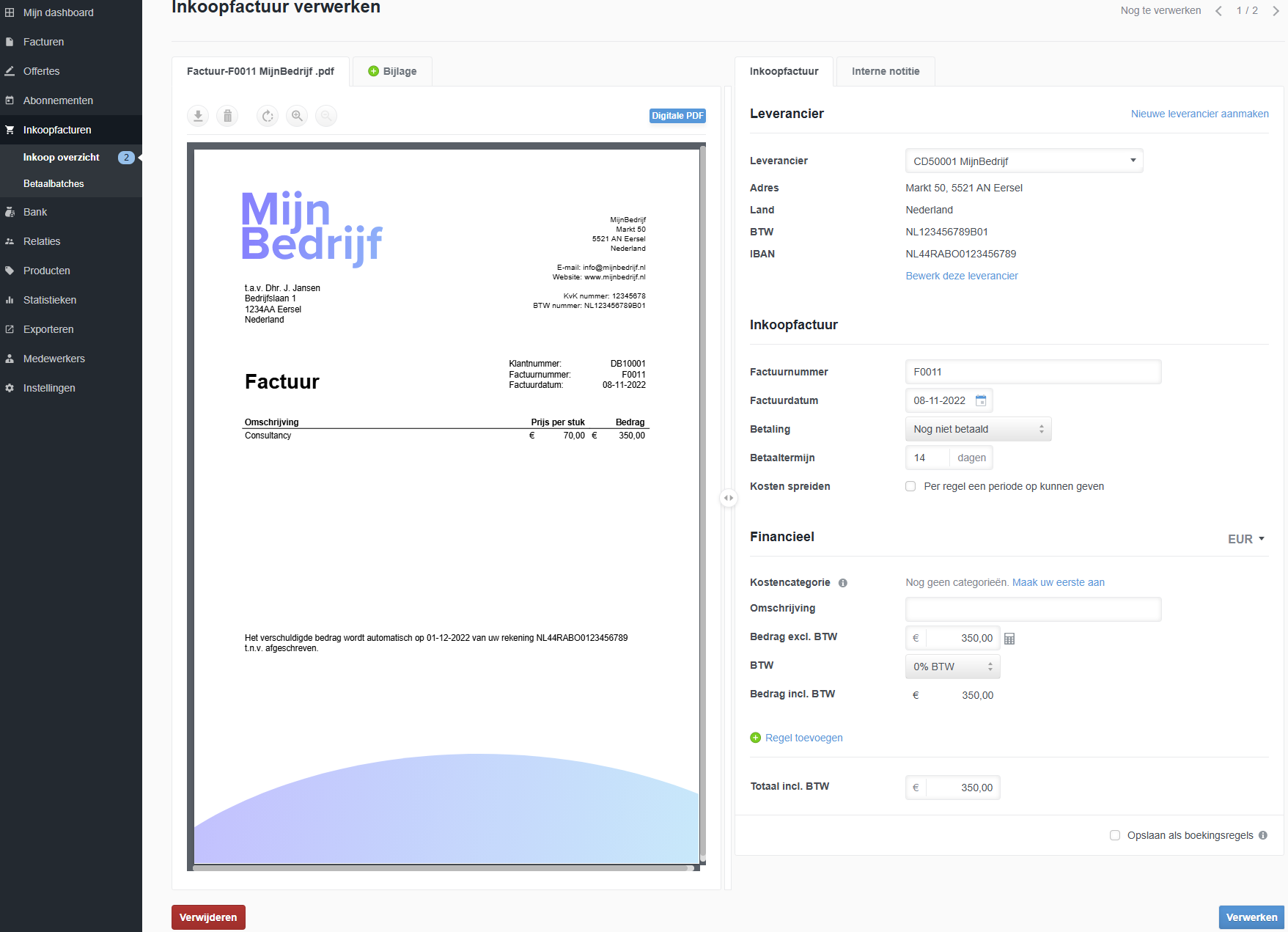WeFact is in staat een digitale PDF te herkennen en vooraf in te vullen.