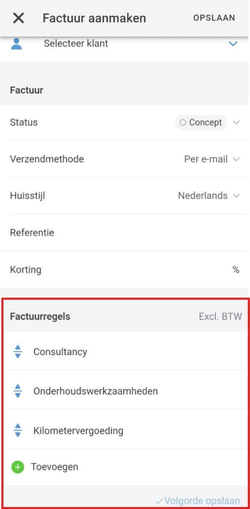 Volgorde van factuurregels wijzigen