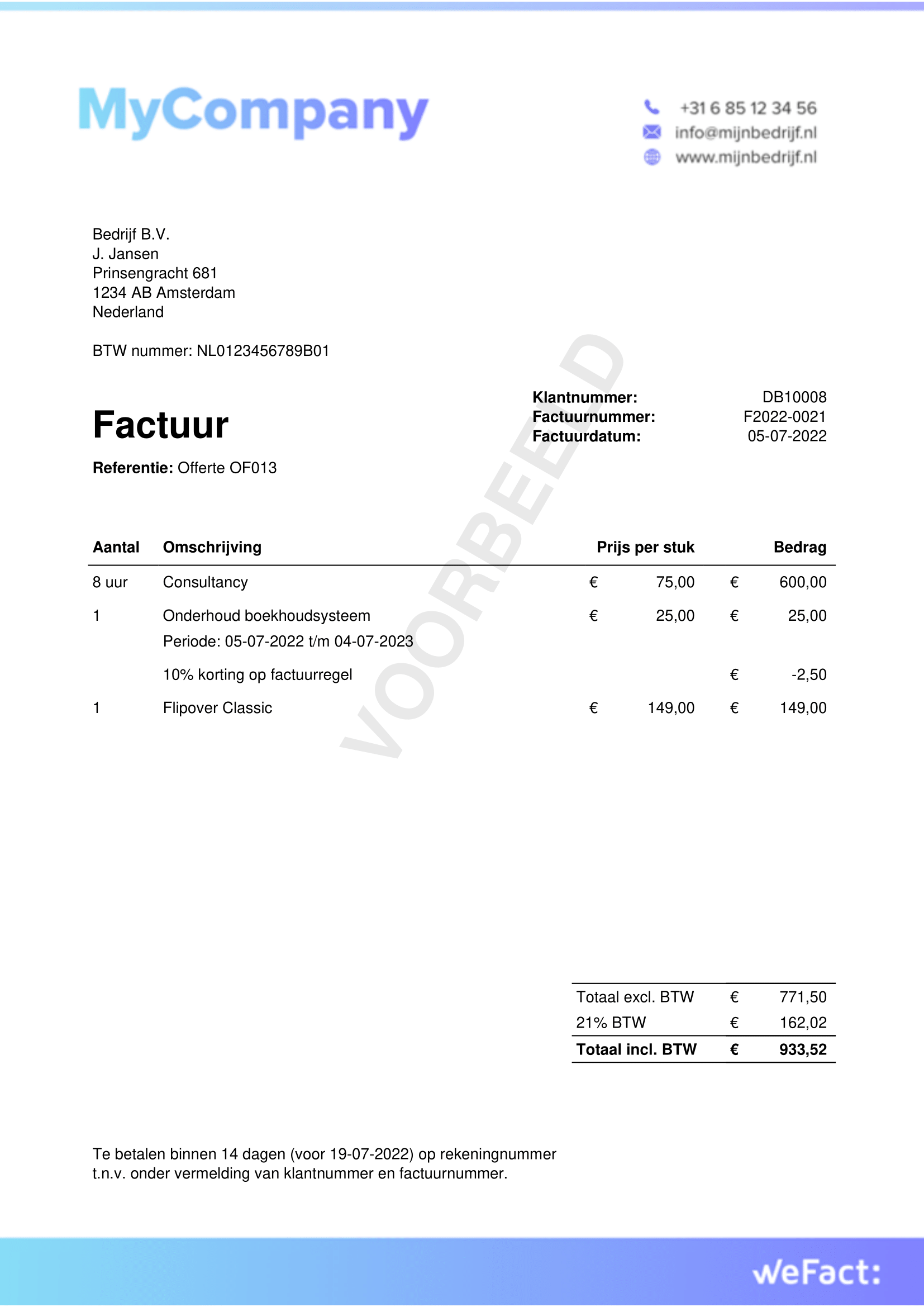 Gratis voorbeeldfactuur