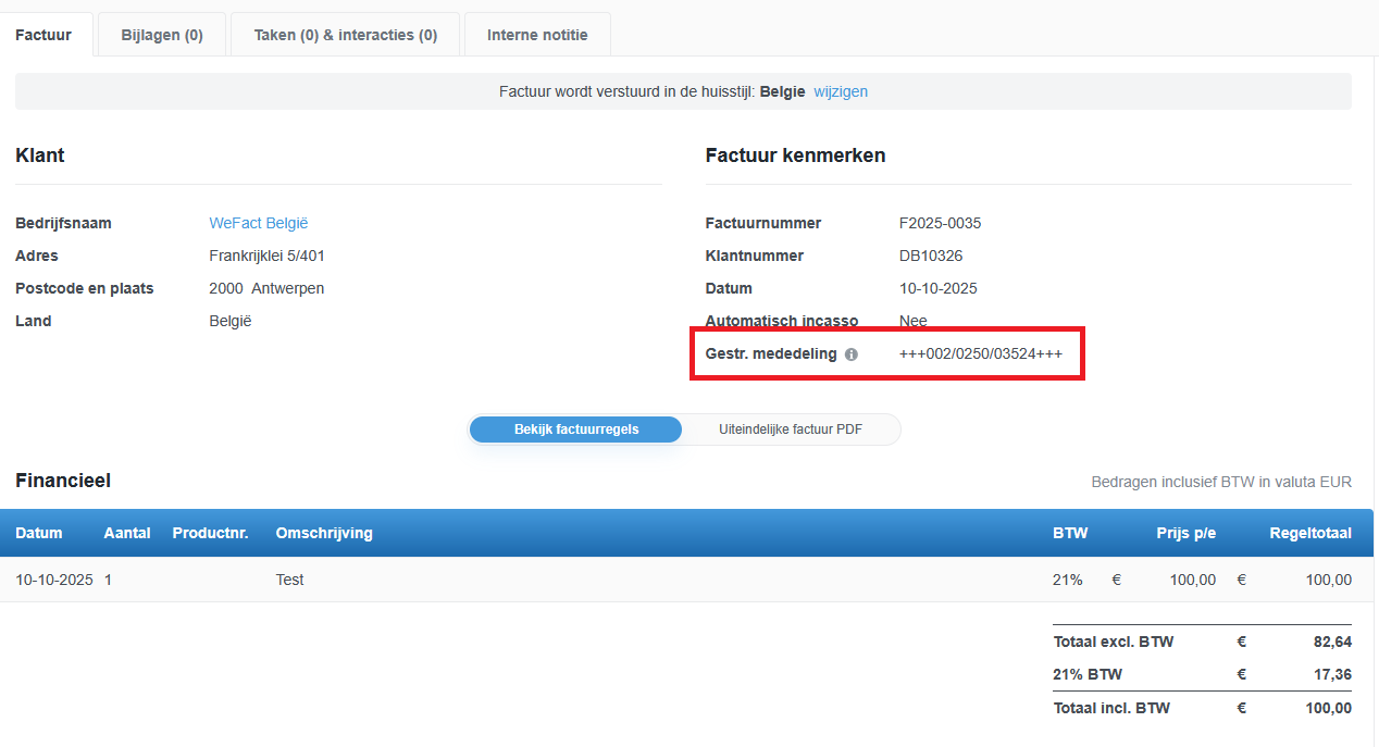 Gestructureerde mededeling op de factuur