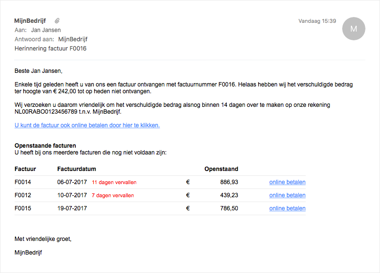 Openstaande facturen overzicht in e-mail