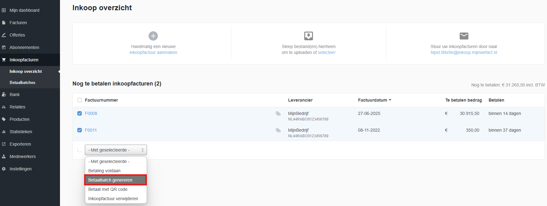 Markeer inkoopfacturen op betaald, zodra u de betaling heeft uitgevoerd.