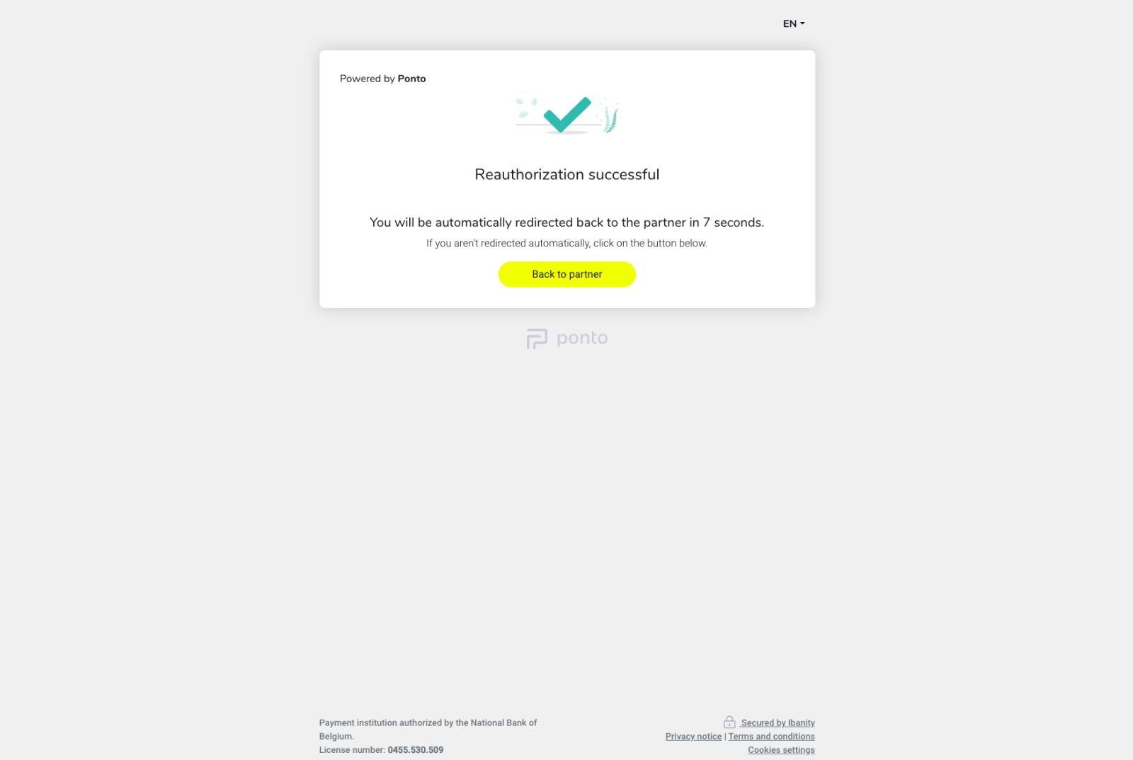 Succesmelding Ponto na autorisatie