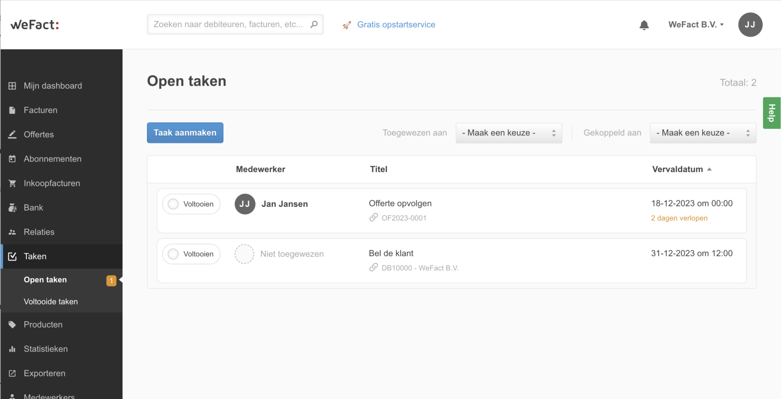 Taken opvolgen in WeFact