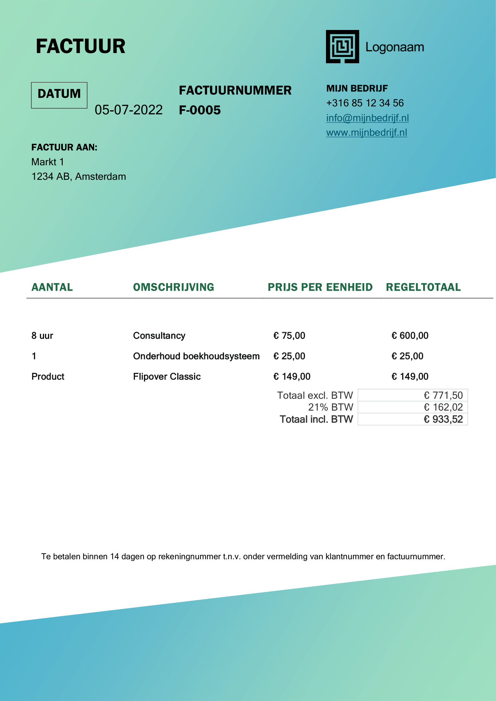 Gratis voorbeeldfactuur