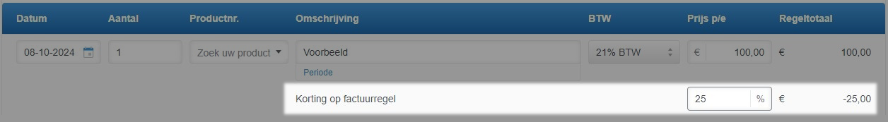 25% korting op factuurregel