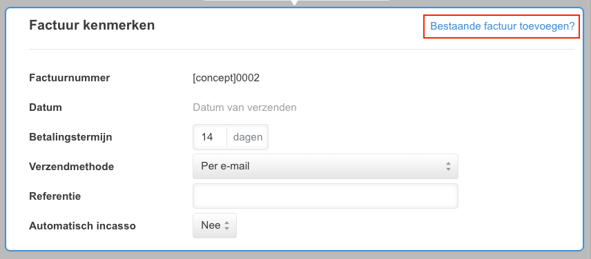 Link om bestaande factuur toe te voegen
