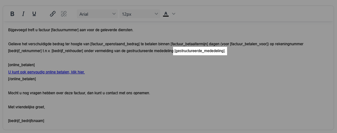 Variabele in e-mailbericht factuur