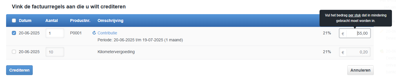 Factuur gedeeltelijk crediteren