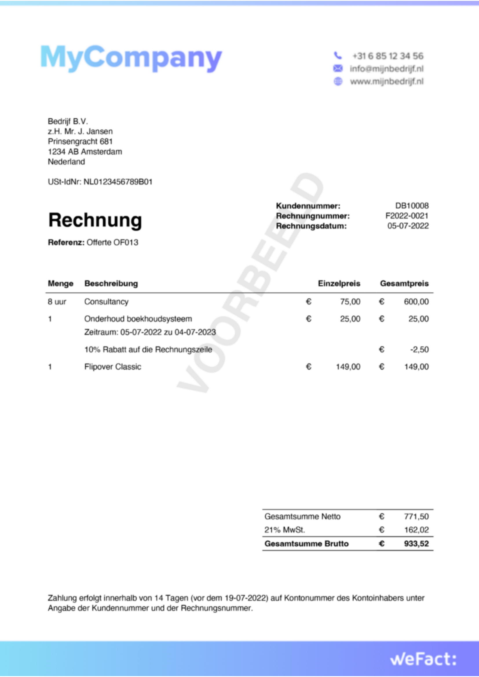 Gratis voorbeeldfactuur